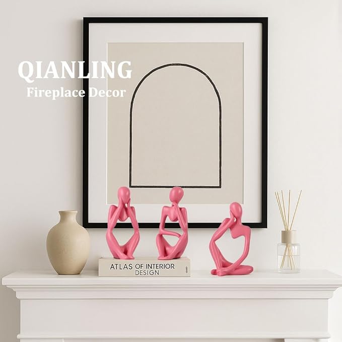 Pink Thinker Statue Decor for TV Stand, Shelf, Desk, or Coffee Table - Set of 3 Resin Figurines for Living Room Decorative Objects, Modern Sculpture, Minimalist Bookcase Decor, Home Accents