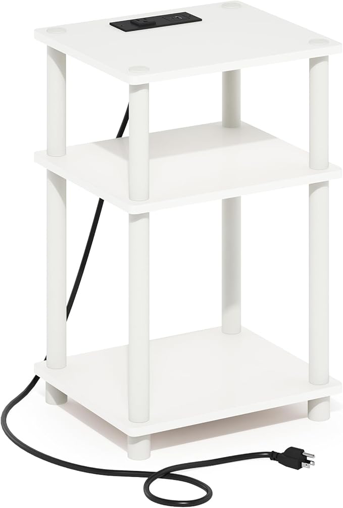 Furinno JUST Side Table, 3-Tier Modern End Table with Charging Station, Easy Assembly Night Stand, Bedside Table with USB and Type-C Charging Port, for Living Room, Bedroom, White