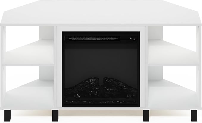 Furinno Jensen Corner Fireplace TV Stand with 4 Open Compartments for TV up to 55 Inches, Solid White