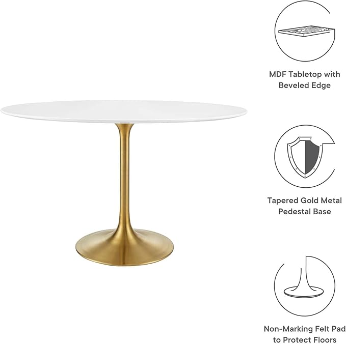 Modway Lippa 48" Oval-Shaped Mid-Century Modern Dining Table with White Wood Top and Gold Base