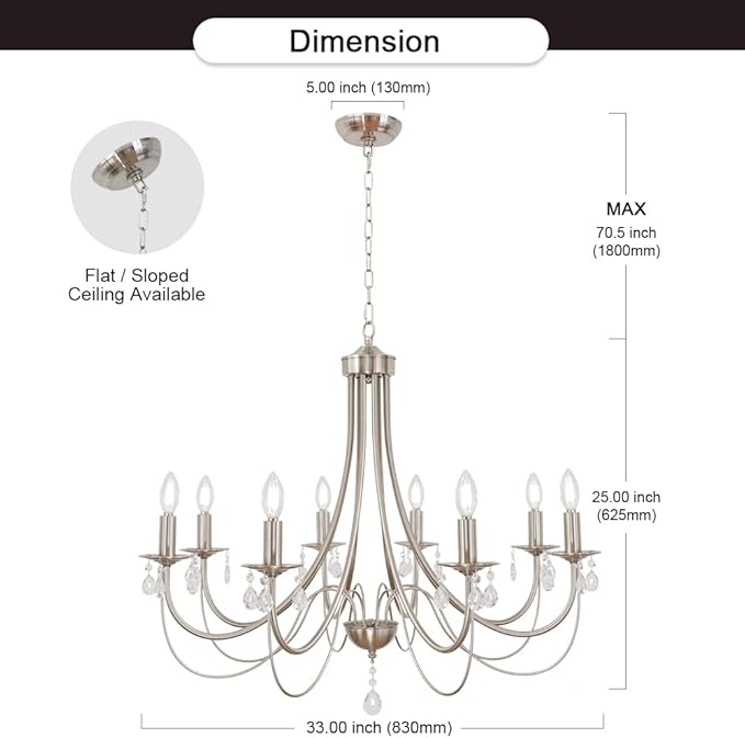 8-Lights Farmhouse Chandeliers Brushed Nickel Industrial Kitchen Island Pendant Light Fixtures Modern Crystal Chandelier Ceiling Lighting for Stairway Foyer Hallway Dining Room