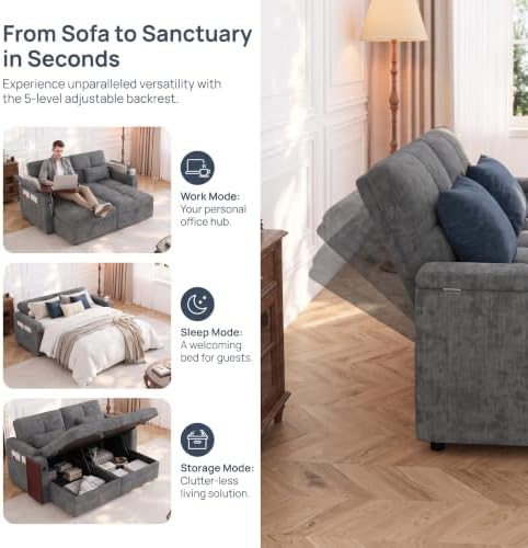 Convertible Sectional Sofa Bed with Storage, Tray & USB Port, Grey