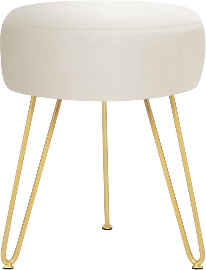 Velvet Soft Modern Vanity Footstool -Round Footrest Stool Ottoman Side Table Seat Dressing with Golden Metal Leg and Sponge Filling,Upholstered Foot Rest,Living Room and Bedroom （Beige）