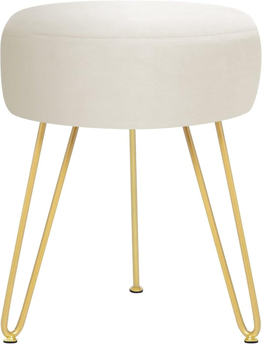Velvet Soft Modern Vanity Footstool -Round Footrest Stool Ottoman Side Table Seat Dressing with Golden Metal Leg and Sponge Filling,Upholstered Foot Rest,Living Room and Bedroom （Beige）