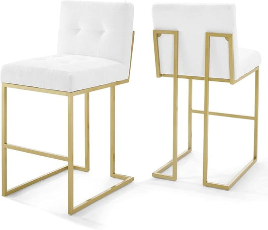 Modway Privy Stainless Steel Performance Velvet Bar Stool Set of 2, Gold White