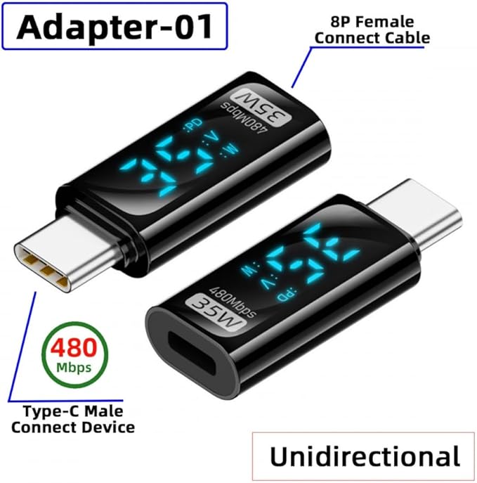 CY Adapter 3pcs/lot Type-C Smart LED Display USB-C Female to USB Type-A 8P Adapter Data Current Voltage Fast Charging Monitoring Display Tester Detector