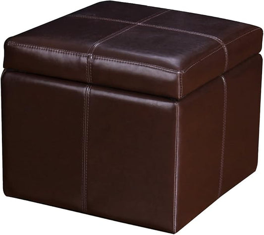 Adeco Modern Faux Leather Cube Storage Ottoman Bench with Hidden Storage, Comfortable Footrest Ottoman for Living Room, Bedroom, Entryway - Brown, 17.7" x 17.7" x 15