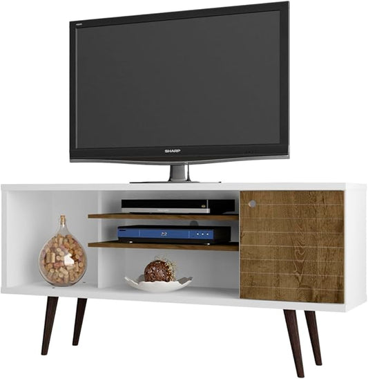 Manhattan Comfort Liberty Mid Century Modern TV Stand for Televisions up to 50 Inches, Bedroom and Living Room Entertainment Center with Storage, Shelves, and Cabinet, 53" Wide, White/Rustic