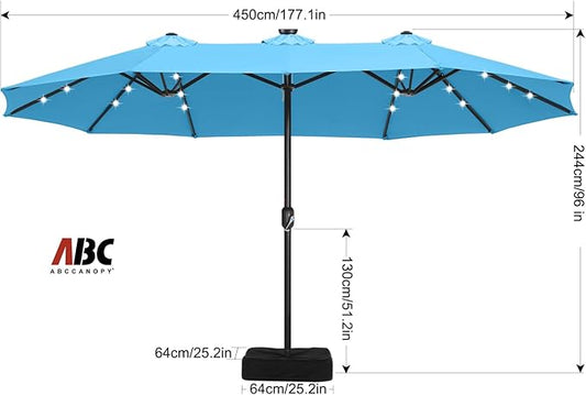 ABCCANOPY 15ft Umbrella Outdoor Patio Solar Lights with Base, Outdoor Double-Sided Rectangle Umbrella for Poolside, Lawn, Backyard (Turquoise)