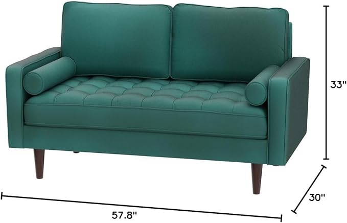 Container Furniture Direct Womble 58 Inch Velvet Loveseat Sofa with Elegant Button Tufted Upholstery, Square Arms, Splayed Wood Legs, Includes Matching Bolster Pillows, Pine Green
