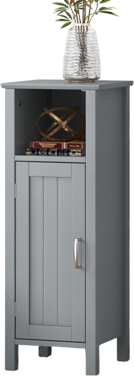 LUARANE Wooden Bathroom Floor Storage Cabinet, Side Storage Organizer Cabinet with 1 Door Open Shelf Adjustable Shelves, Small Free Standing Sideboard for Entryway Living Room Kitchen (Gray)