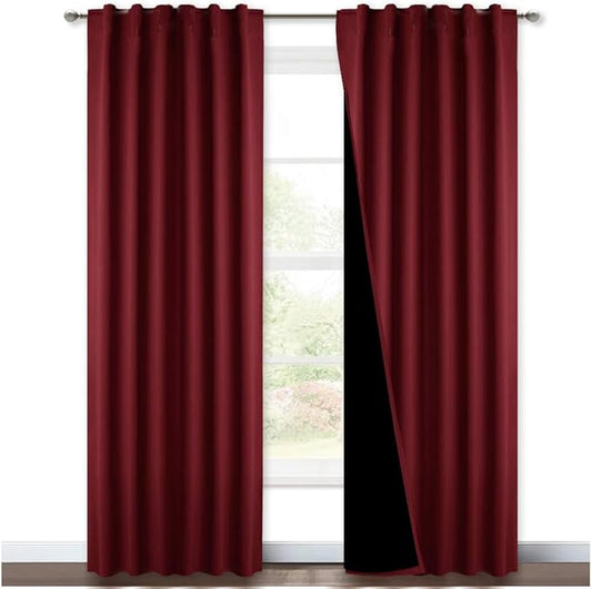 NICETOWN Red 100% Blackout Curtains with Black Liner Backing, Cold Reducing Thermal Insulated Curtains for Living Room, Noise Reducing Drapes, 52 inches x 84 inches Per Panel, Set of 2