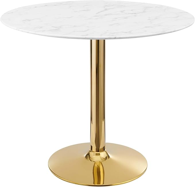 Modway Verne Round Artificial Marble 35" Dining Table in Gold White