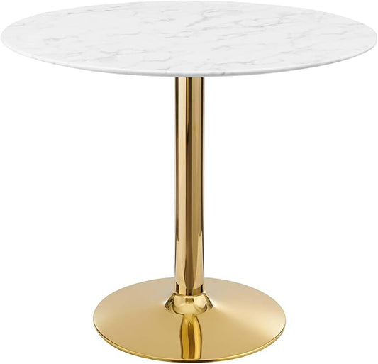 Modway Verne Round Artificial Marble 35" Dining Table in Gold White