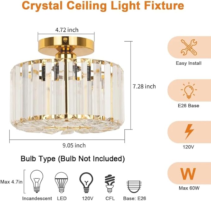 FRIDEKO HOME Crystal Ceiling Light - Gold Small Chandelier Semi Flush Mount Ceiling Light Fixture Modern Lights for Hallway Bathroom Kitchen Entryway (9.05 Inch, Bulb not Included)