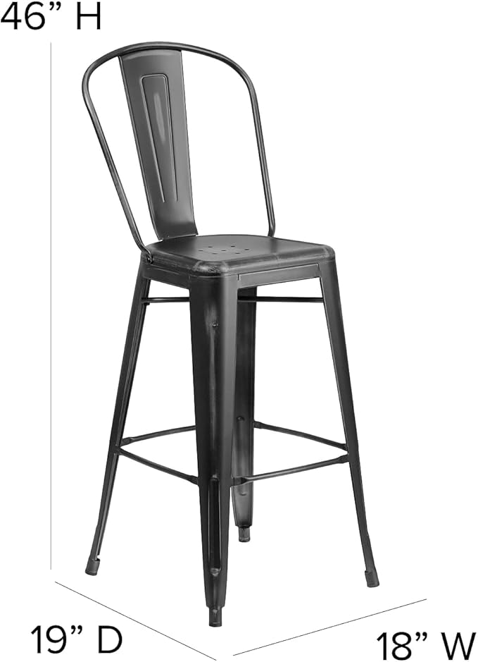 Flash Furniture Blake Commercial Grade 4 Pack 30" High Distressed Black Metal Indoor-Outdoor Barstool with Back