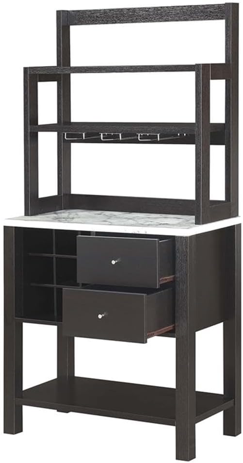 Convenience Concepts Newport Serving Bar Cart 31" - Modern Storage Bar Cabinet with Drawers, Wine Rack for Kitchen, Dining Room, Black Faux Marble/Espresso
