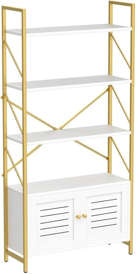 YITAHOME Bookshelf with Storage Cabinet, Modern Bookcase Standing 5 Tiers Book Shelves Display Rack with Doors for Bedroom Living Room Office, White Gold