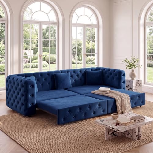 89" 4-Seater Queen Size Pull Out Sofa Bed with 3 Pillows, Blue