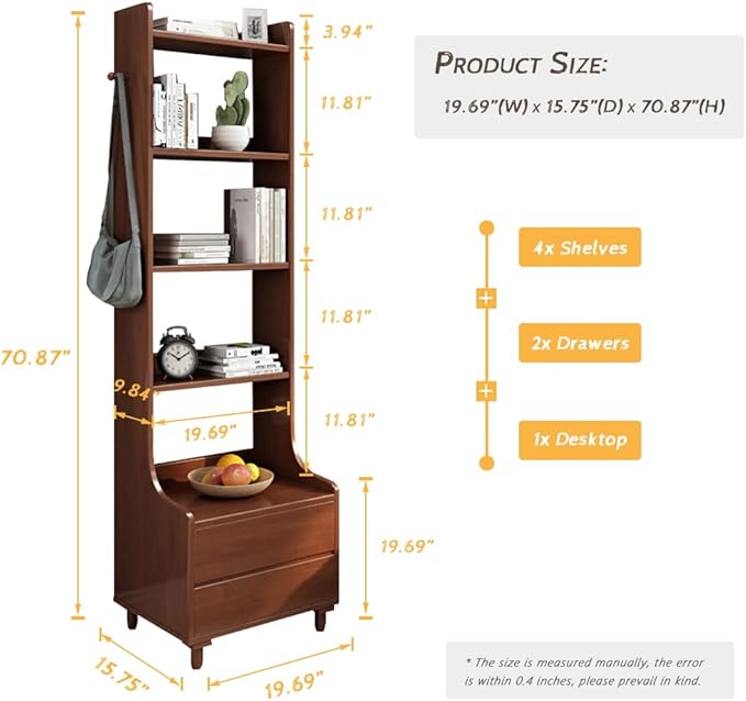IOTXY Walnut Bedside Table Bookshelf - 71" Tall Free Standing Wooden Open Shelf Bookcase with Drawers and 4-Shelves for Bedroom, Bed Side End Table, Nightstand