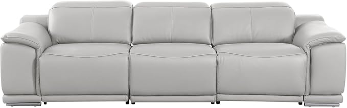 Blackjack Furniture Venice Top Grain Italian Leather Power Recline 3 Piece Sofa - 107" Theater Seating Modern Couch for Living Room Apartment Home with Adjustable Headrests & USB Port, Light Grey