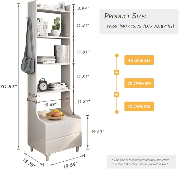 IOTXY White Bedside Table Bookshelf - 71" Tall Floorstanding Wooden Open Shelf Bookcase with 2-Drawers and 4-Shelves, Bedroom Bed Side End Table, Nightstand