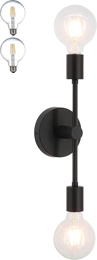 XiNBEi Lighting 2-Light Black Bathroom Lighting Over Mirror, Modern Sconces Wall Light Fixtures with LED Bulb, Indoor Wall Sconce Lighting for Hallway Bedroom Kitchen XB-W1234-2-MB-G30