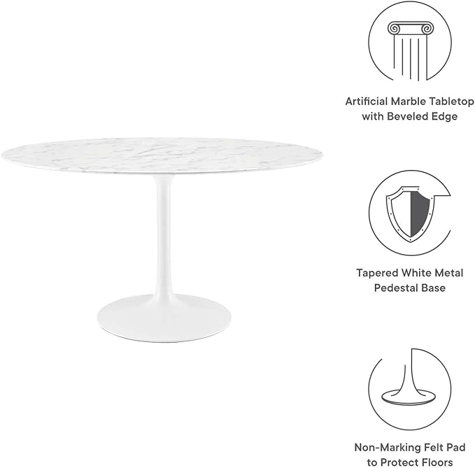 Modway Lippa 54" Oval-Shaped Mid-Century Modern Dining Table with Artificial Marble Top and White Base