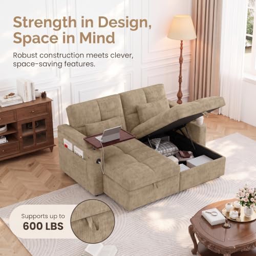 Convertible Sectional Sofa Bed with Storage, Tray & USB Port, Khaki