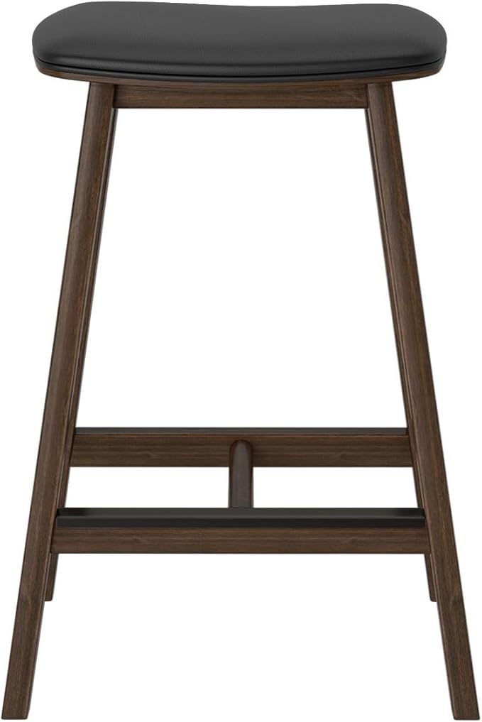 Plank+Beam Beryl Counter Height Stool - Mid-Century Modern Rubberwood Bar Stool with Faux Leather Seat, Metal Footrest, Easy Assembly, 4-Pack, Walnut/Black