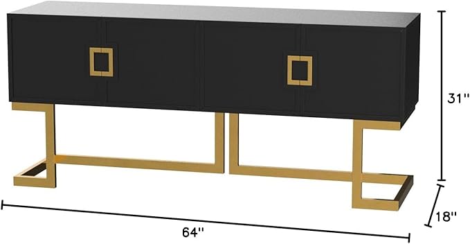 Meridian Furniture Beth Collection Modern | Contemporary Sideboard Buffet, Rich Gold Stainless Steel Base, Black Laquer Finish, 64" W x 18" D x 31" H, Cabinet