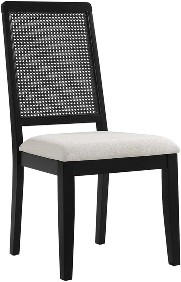 Modway Arlo Wood and Faux Rattan Dining Chairs Set of 2 in Black Black Heathered Weave Ivory - Modern Farmhouse Accent Chairs - Fabric Upholstered Chairs for Dining Room