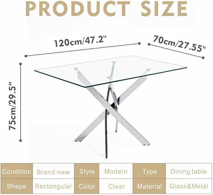 Tempered Glass Dining Table with Chromed Legs, 47in Rectangular Kitchen Table for Kitchen Dining Room Home Office (47.24 * 27.55, White/Silver)