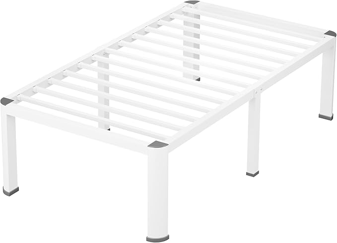 18 Inch White Twin Heavy Duty 3500 lbs Bed Frame with Round-Corner Legs & Anti-Squeak Design – Quick Assembly Metal Platform, No Box Spring Needed
