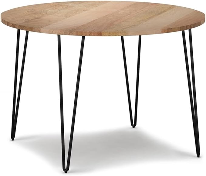 SIMPLIHOME Hunter Dining Table - 45 inch Wide Solid Mango Wood Round Table in Natural, Modern Industrial Style for Dining Room or Kitchen with Black Powder-Coated Iron Base and Hairpin Legs, Seats 4