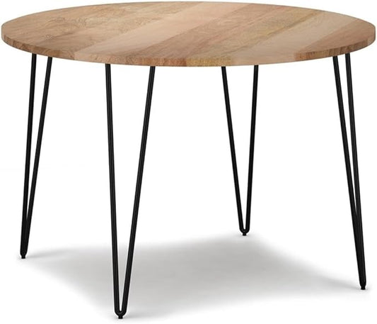 SIMPLIHOME Hunter Dining Table - 45 inch Wide Solid Mango Wood Round Table in Natural, Modern Industrial Style for Dining Room or Kitchen with Black Powder-Coated Iron Base and Hairpin Legs, Seats 4