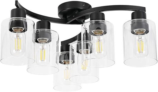 WILON 20'' 6-Light Large Black Semi Flush Mount Ceiling Light Fixture with Clear Glass Shades, Modern Farmhouse Chandelier for Dining Room Living Kitchen