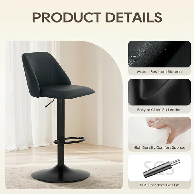 COLAMY Adjustable Bar Stools, Modern PU Leather Bar Chairs with Curved Mid-Back, 360° Swivel Counter Height Stools with Footrest & Sturdy Base for Kitchen Island, Dining Room, Home Bar,Set of 2
