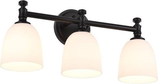 Black Bathroom Vanity Light, 3-Light Bathroom Light Fixtures Over Mirror, Traditional Vanity Lights for Living Room, Milk White Bell Glass Shades, Standard E26 Base, Matte Black