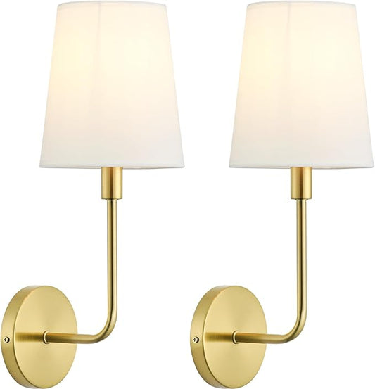 Antique Brass Big Wall Sconces, Set of 2 Hardwired Vintage Industrial Wall Lights with Fabric Shade, E26 Socket, for Bedroom, Living Room, Farmhouse, Kitchen, Porch (Bulbs Not Included)