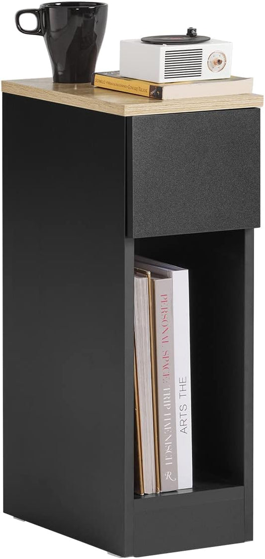 SoBuy Narrow NightStand – Slim Bedside Table with Drawer & Shelf, Small Black End Table for Bedroom, Couch, Entryway, Compact Skinny Night Stand for Small Spaces, FBT111-SCH
