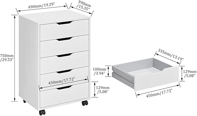 Panana 5/7 Drawer Chest, Wooden Tall Dresser Storage Dresser Cabinet with Wheels, Office Organization and Storage, Bedroom Furniture (White, 5 Drawer)