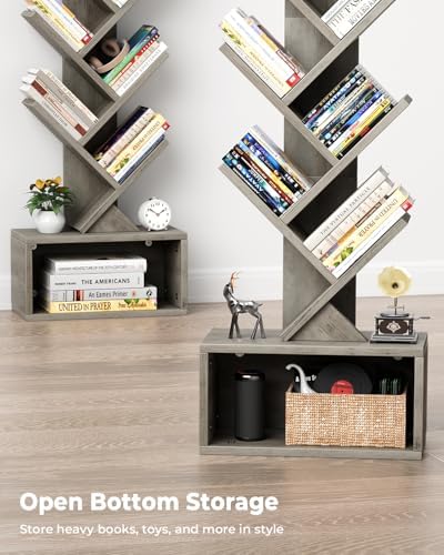Evermagin 6 Tier Tree Bookshelf with Light, Bookcase, Gray