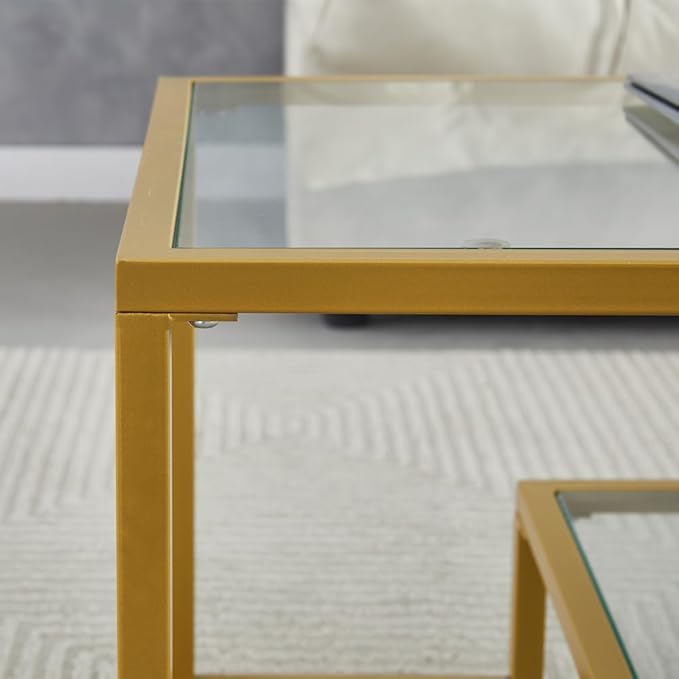 Modern and Simple Two Tier Golden Metal Side Table with Tempered Glass Top, Perfect as Bedside Table, Nightstand, 21 inch Small Modern Side Table for Bedroom, Dinning Room, Office