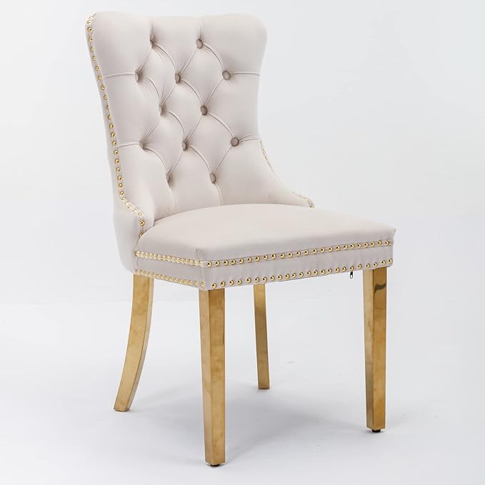 Set of 2 Solid Wood Contemporary Velvet Upholstered Dining Chair with Golden Stainless Steel Plating Legs,Distinction W/Nailhead Trim,for Living Romm,Apartment,Beige and Gold