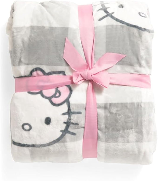 Jay Franco & Sons, Inc. Hello Kitty Blankets and Throws (Grey Plaid - Hello Kitty with Pink Bows, Twin)
