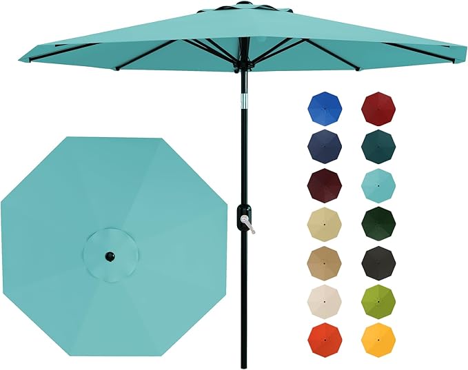 Garvee 9 ft Outdoor Patio Umbrella 8 Sturdy Ribs Outdoor Table Umbrella with Crank Lift & Push Button Tilt - UV Protection Waterproof Market Umbrellas for Pool, Deck, Yard, Garden, Lake Blue
