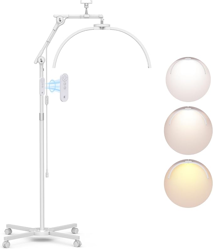 CHICLUX Lash Light for Eyelash Tech, Foldable LED Half Moon Lamp with Wheeled Base, Esthetician Light for Beauty, Nail Art, Floor Lamp with Adjustable Brightness & Height, Phone Holder, White