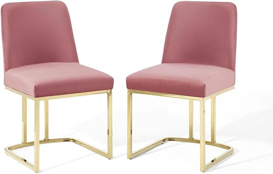 Modway Amplify Performance Velvet Upholstered Sled Base Dining Chair - Set of 2 in Gold Dusty Rose