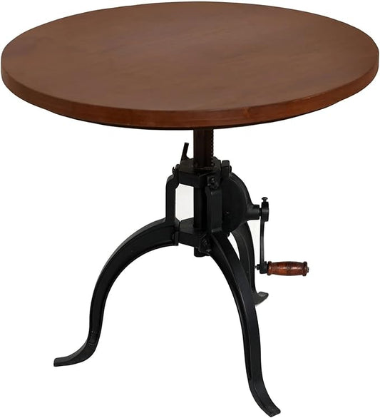 NACH Mango Wood & Cast Iron Kai Adjustable Round Coffee, Rustic Industrial End Table - 19.5-26" x 28.25" x 1.13", Black - CC-0157